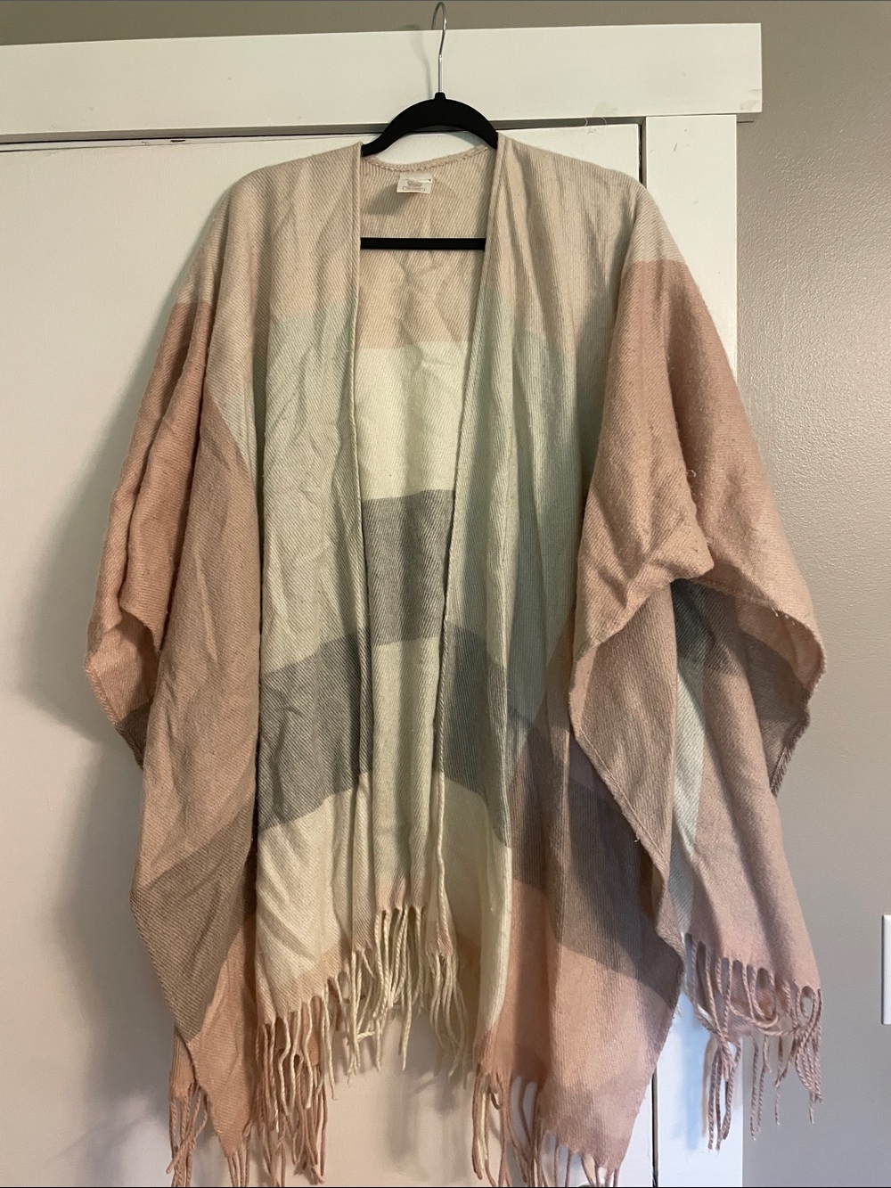 Woolrich Blush, Cream & Gray Striped Fringe Poncho